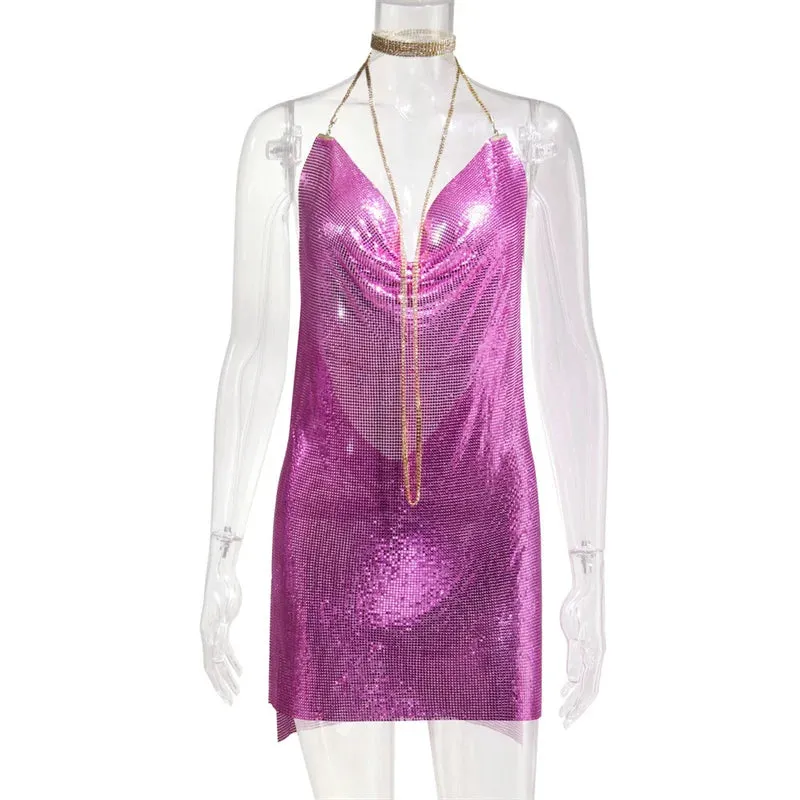 Club Crystal Metal Party Glitter Halter Mini Dress