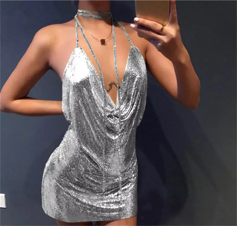 Club Crystal Metal Party Glitter Halter Mini Dress