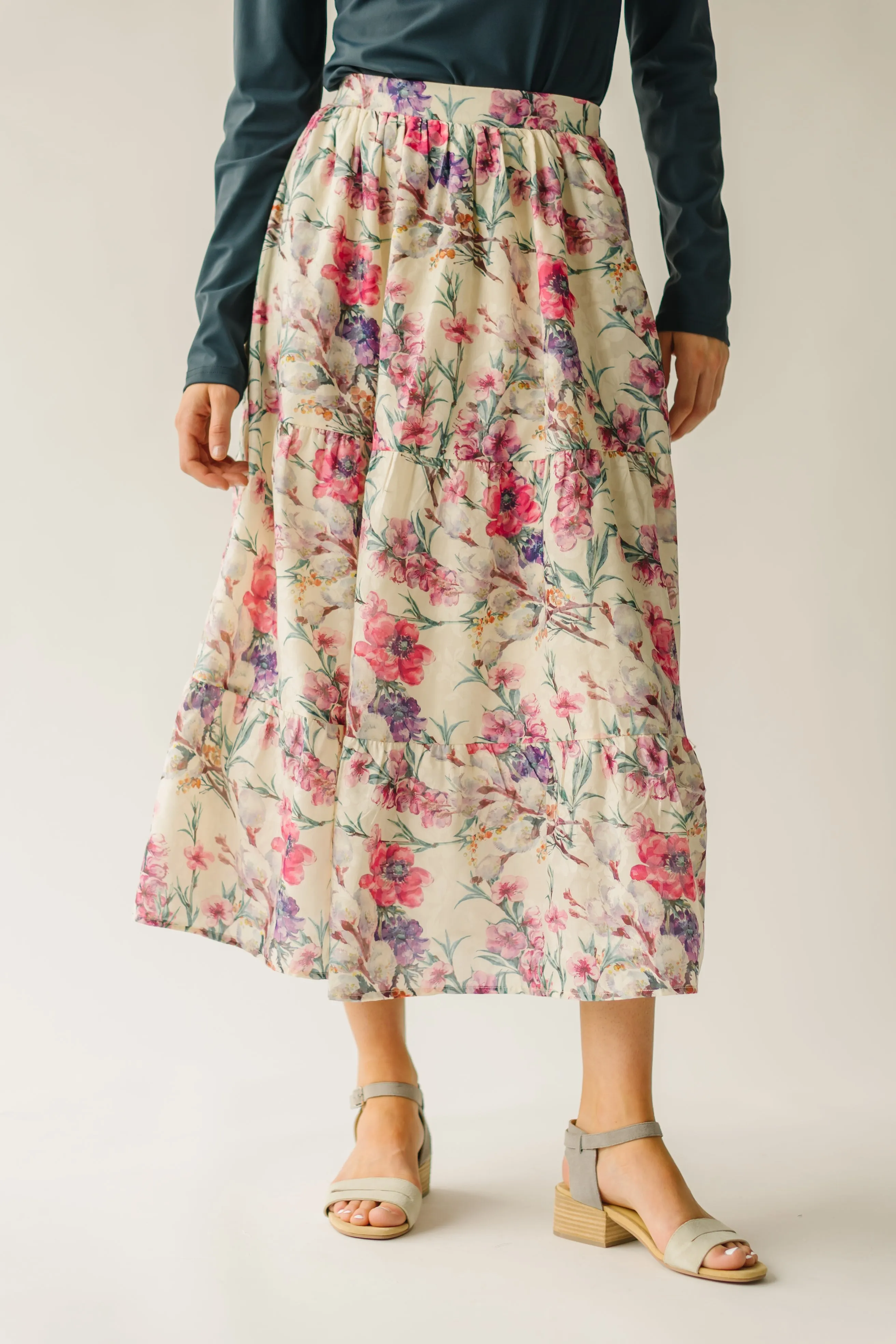 The Kenly Floral Tiered Maxi Skirt Cream