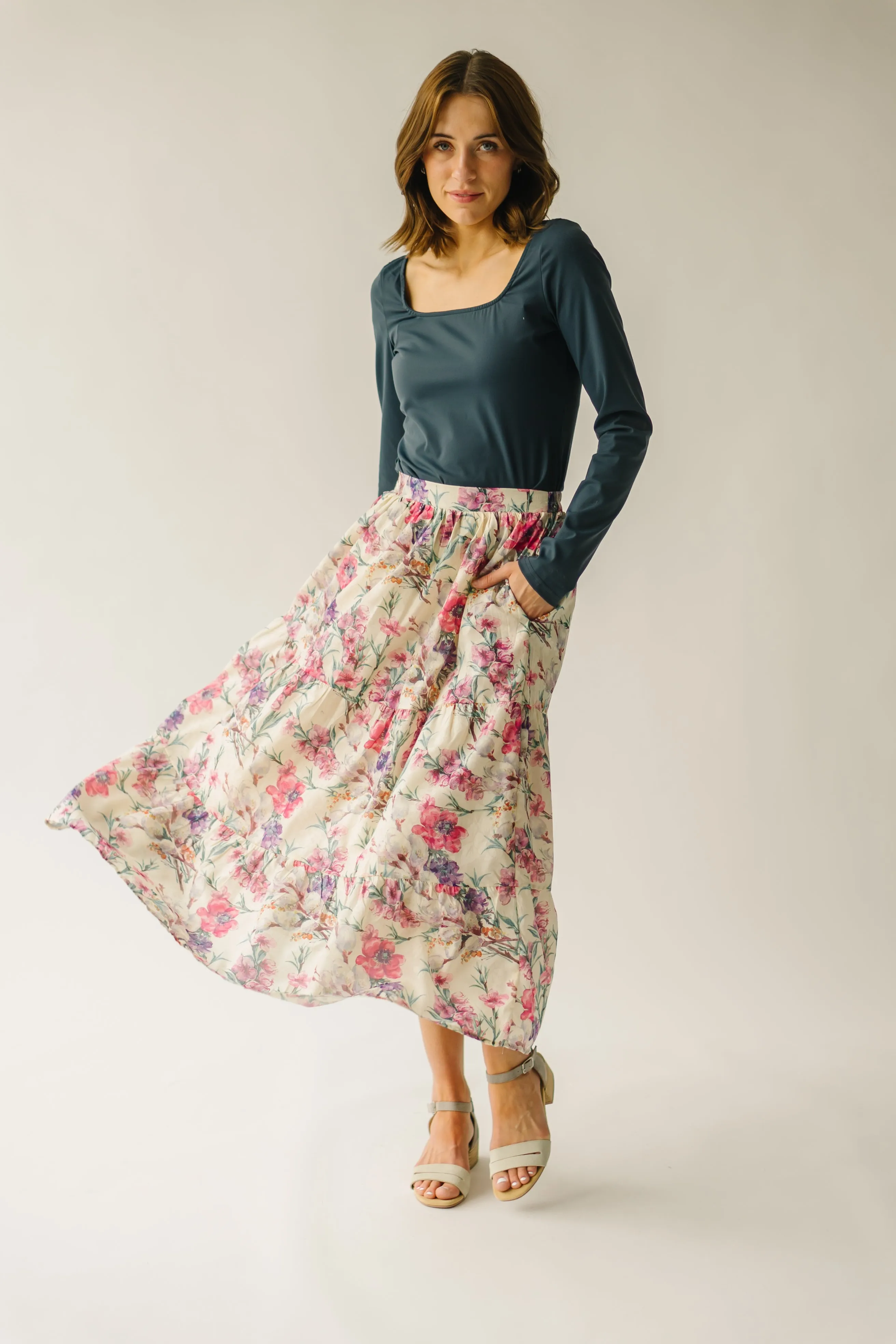 The Kenly Floral Tiered Maxi Skirt Cream