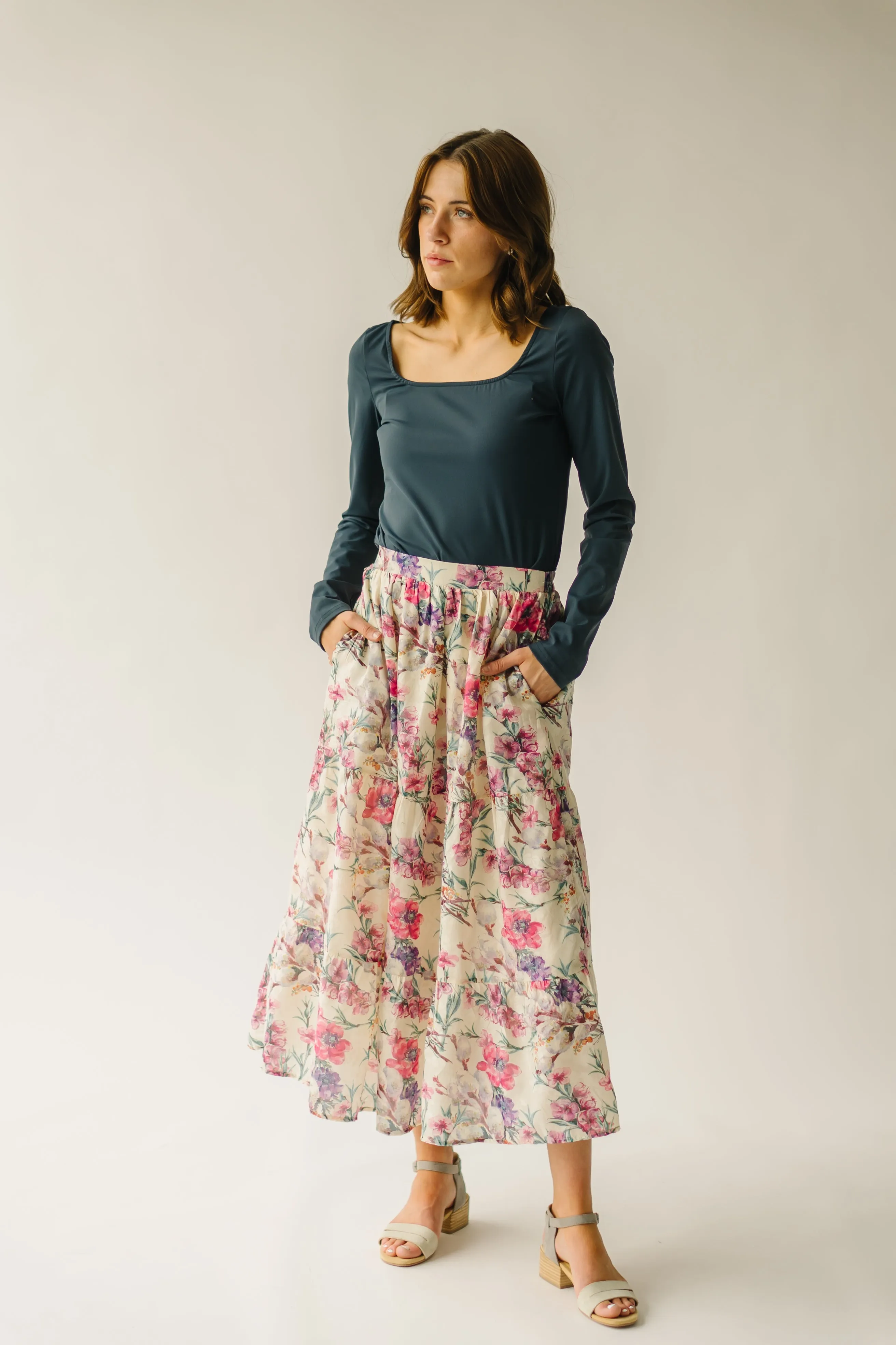 The Kenly Floral Tiered Maxi Skirt Cream