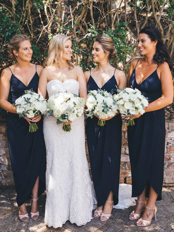 Navy Jersey Spaghetti Strap V-neck Sheath High Low Bridesmaid Dresses