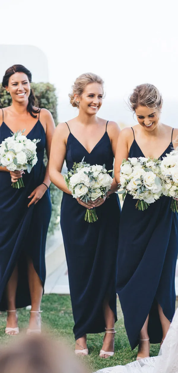 Navy Jersey Spaghetti Strap V-neck Sheath High Low Bridesmaid Dresses