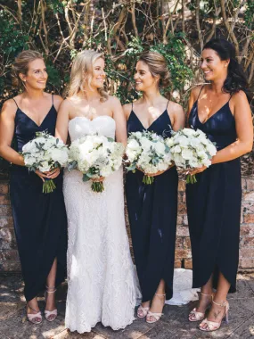 Navy Jersey Spaghetti Strap V-neck Sheath High Low Bridesmaid Dresses