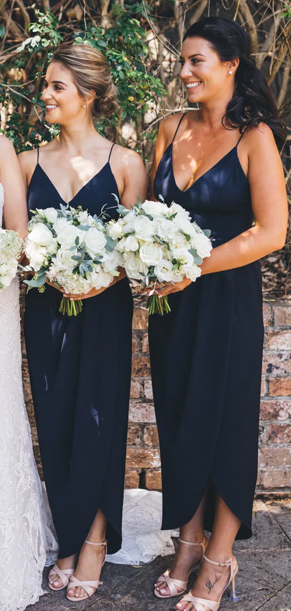 Navy Jersey Spaghetti Strap V-neck Sheath High Low Bridesmaid Dresses