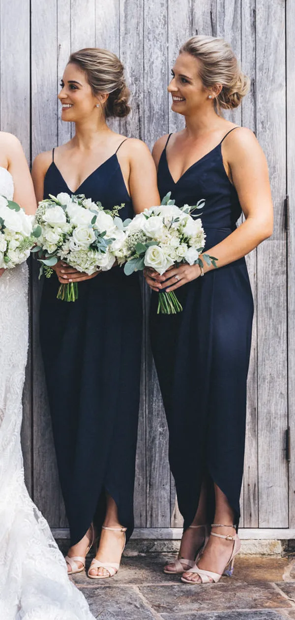 Navy Jersey Spaghetti Strap V-neck Sheath High Low Bridesmaid Dresses