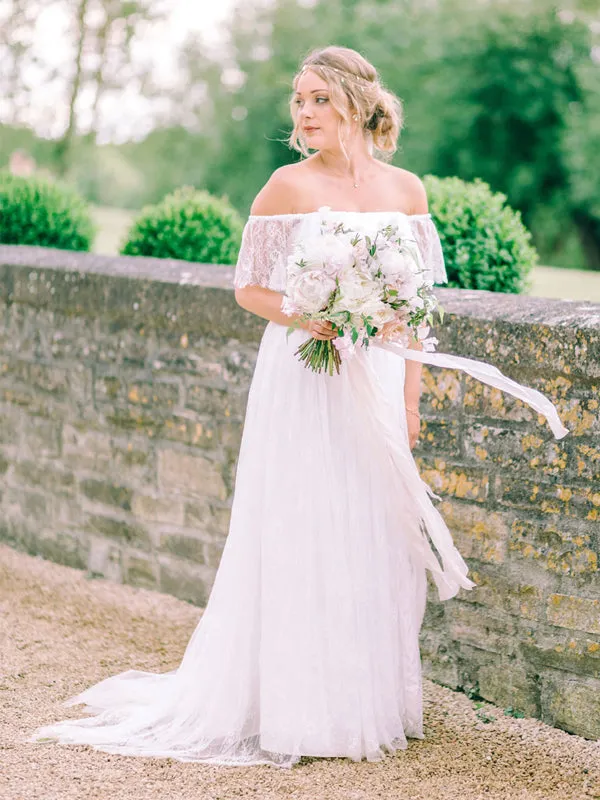 Simple Straight Lace Tulle Long Wedding Dresses.DB10621