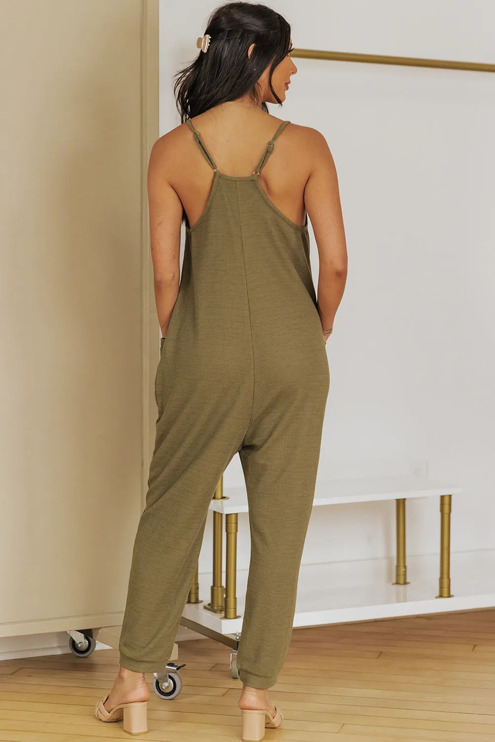 Jumpsuit with Deep V, Spaghetti Straps, and Pockets