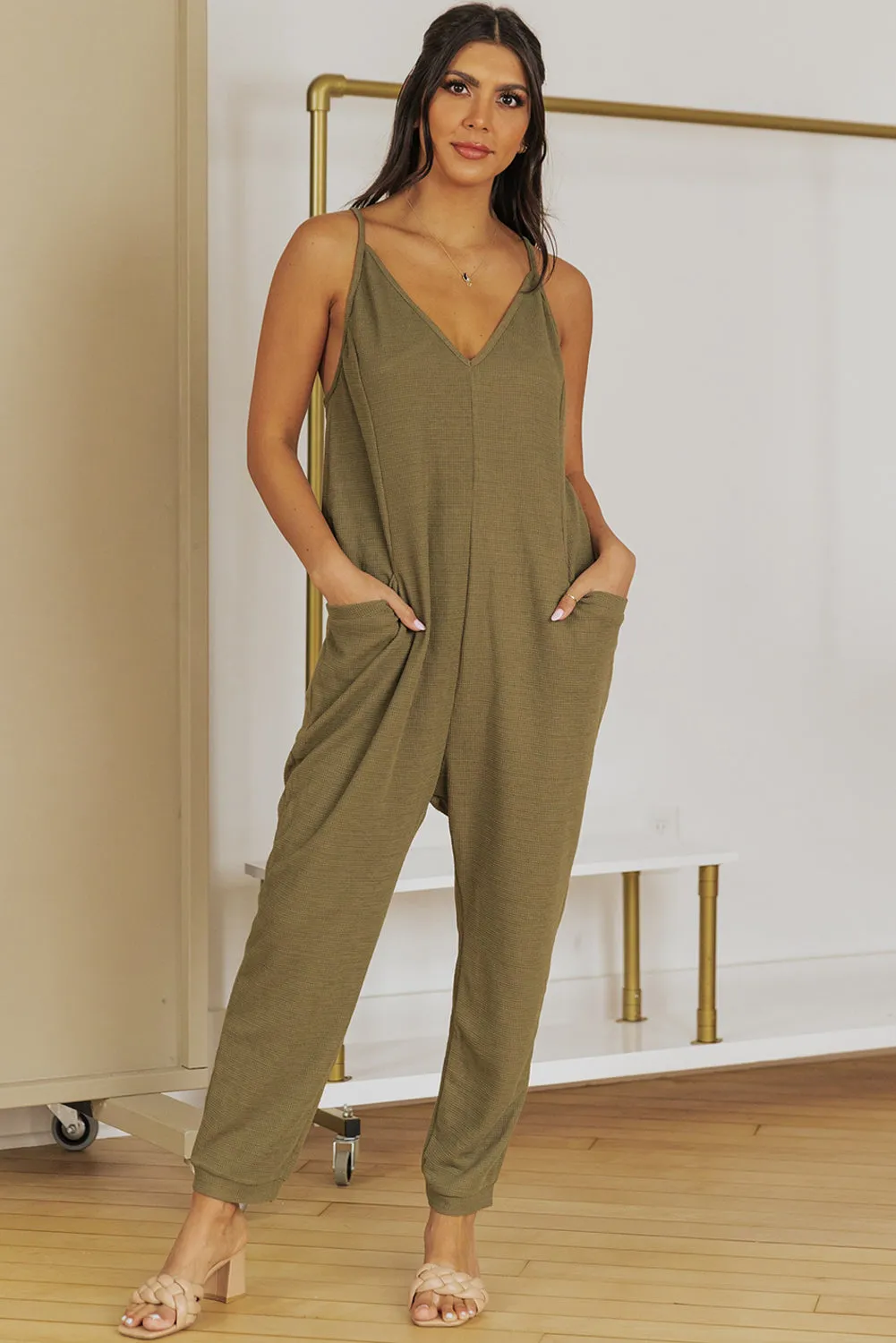 Jumpsuit with Deep V, Spaghetti Straps, and Pockets