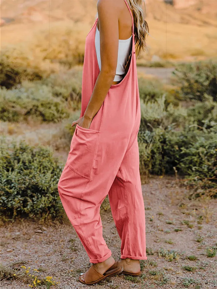 Pocketed Jumpsuit with Sleeveless Design and V-Neck