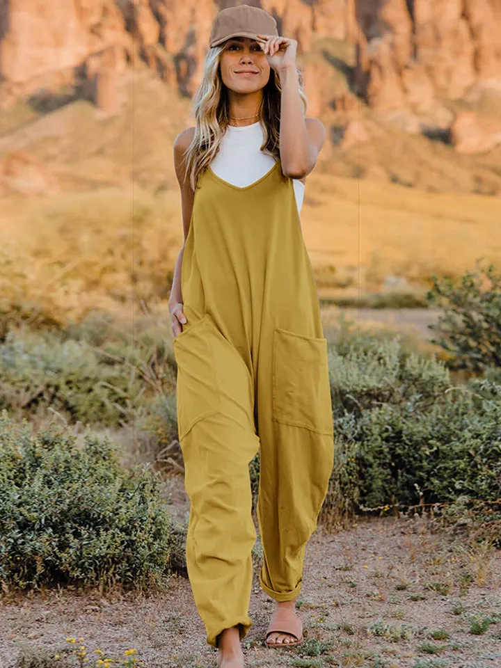 Pocketed Jumpsuit with Sleeveless Design and V-Neck