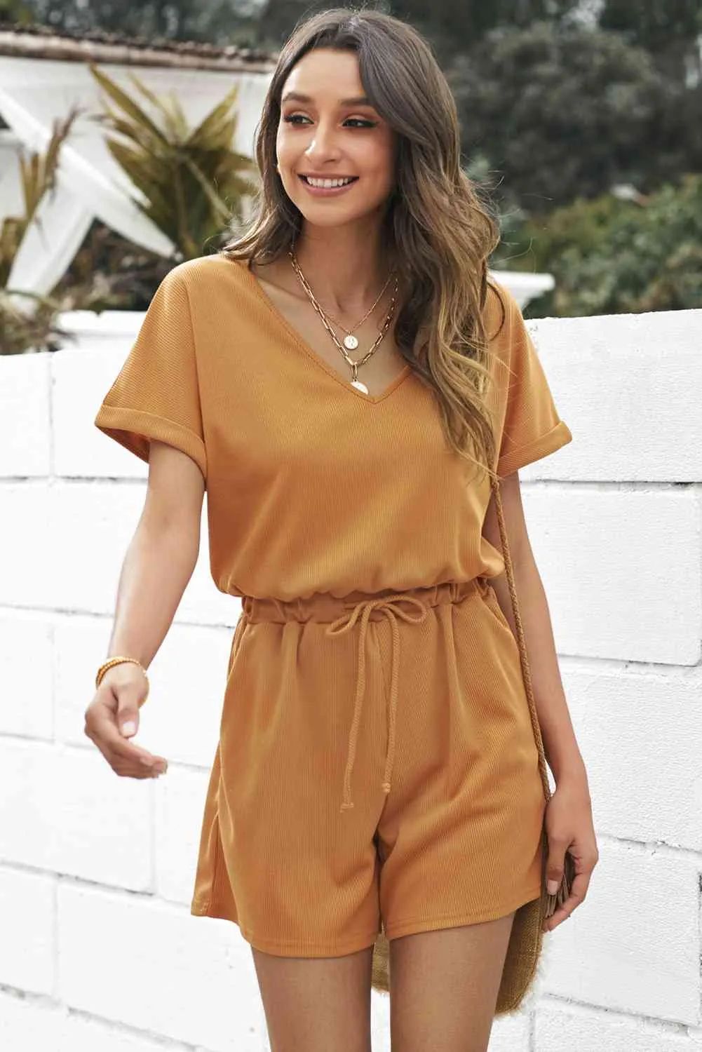 Rompers with V-Neck and Drawstring Waist