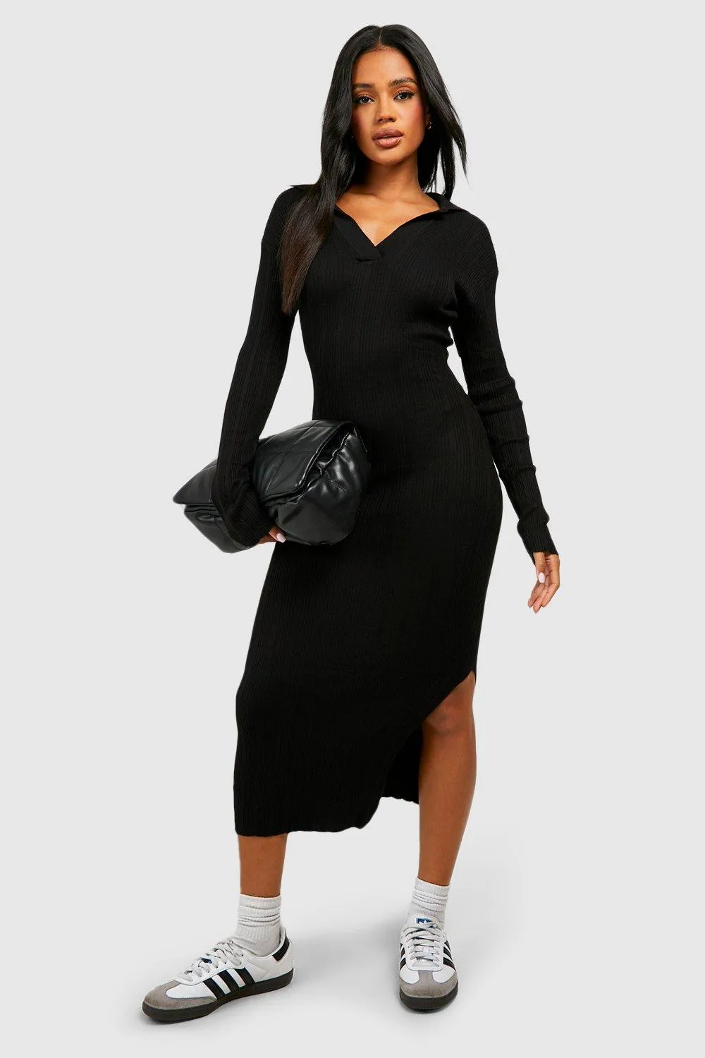 Mixed Rib Polo Collar Knitted Midxai Dress by boohoo