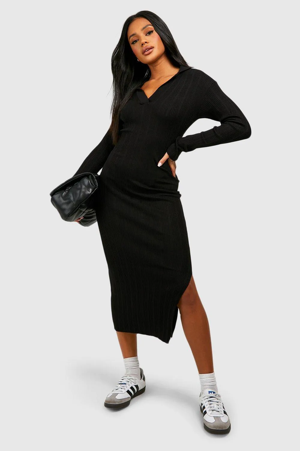 Mixed Rib Polo Collar Knitted Midxai Dress by boohoo