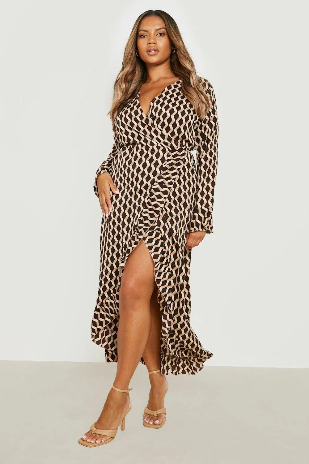 Dresses | Plus Abstract Print Ruffle Wrap Dress - Boohoo