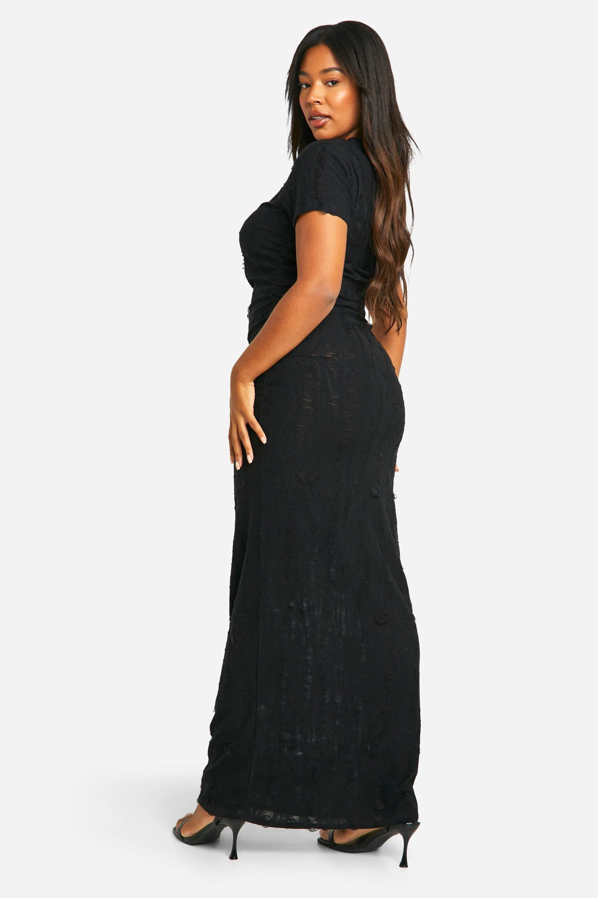 boohoo Plus Tetxured Ruched Cap Sleeve Column Dress