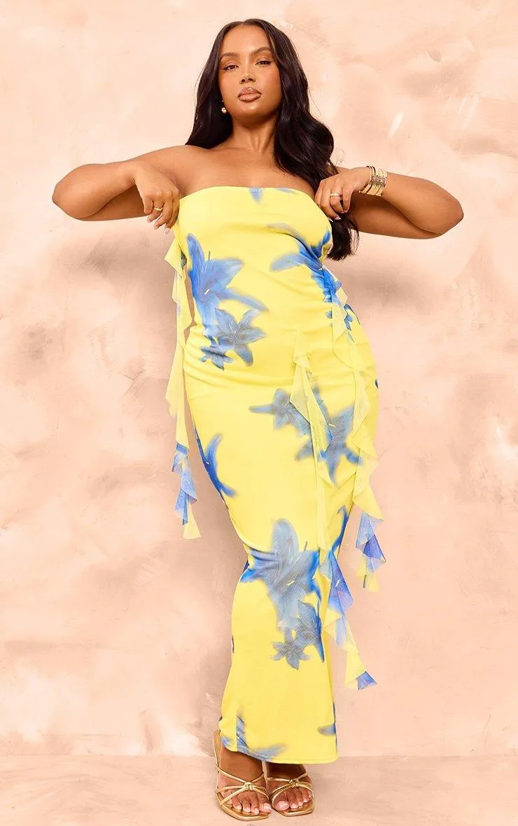 PrettyLittleThing Plus Yellow Bandeau Floral Print Mesh Ruffle Detail Maxi Dress