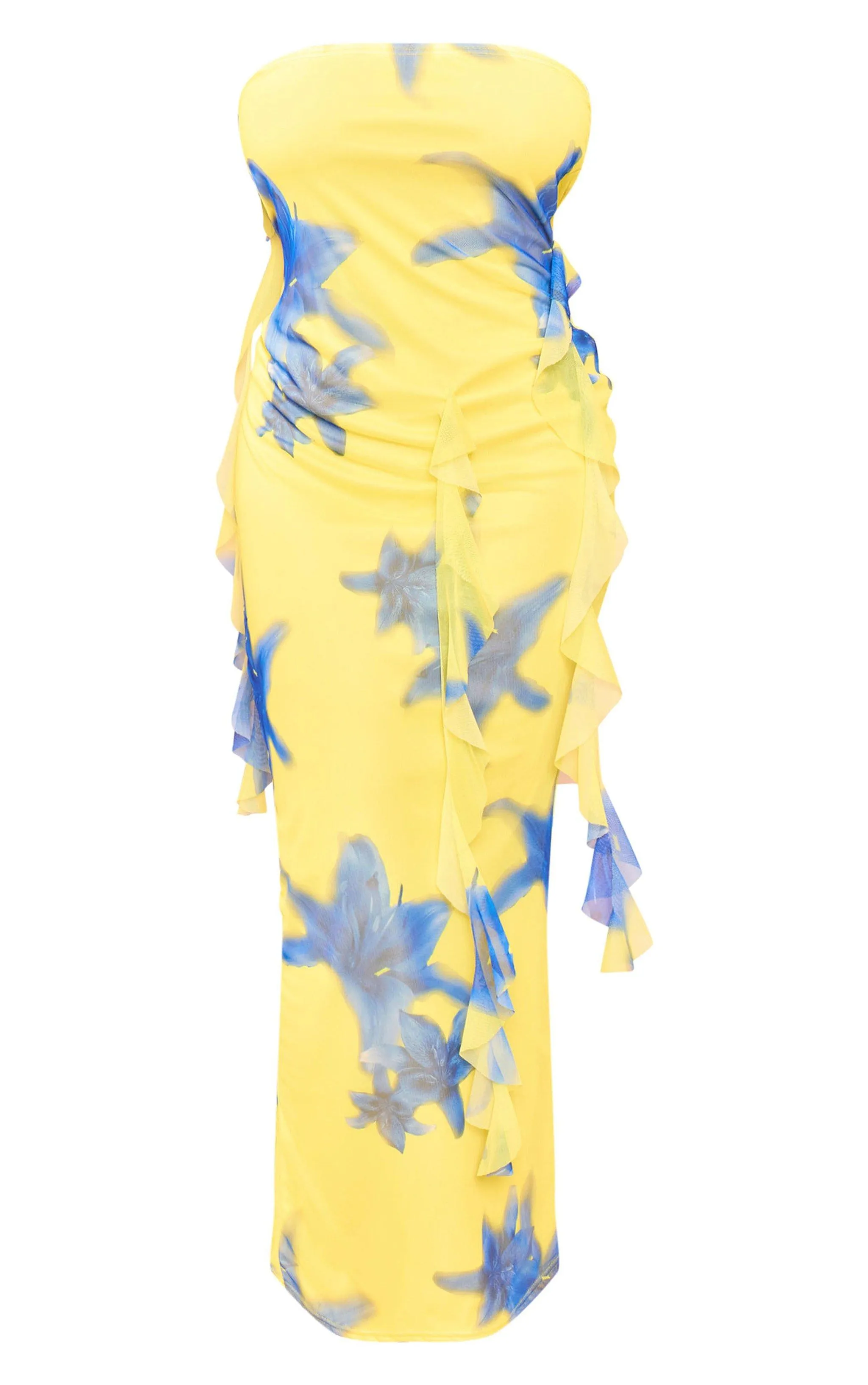 PrettyLittleThing Plus Yellow Bandeau Floral Print Mesh Ruffle Detail Maxi Dress