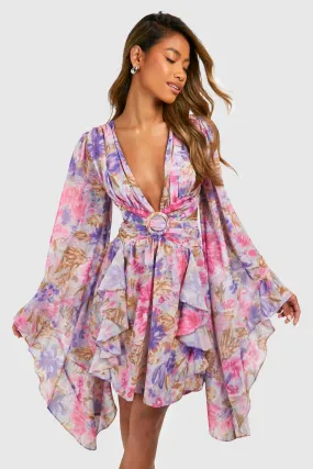 Printed Chiffon Print Cut Out Mini Dress by boohoo