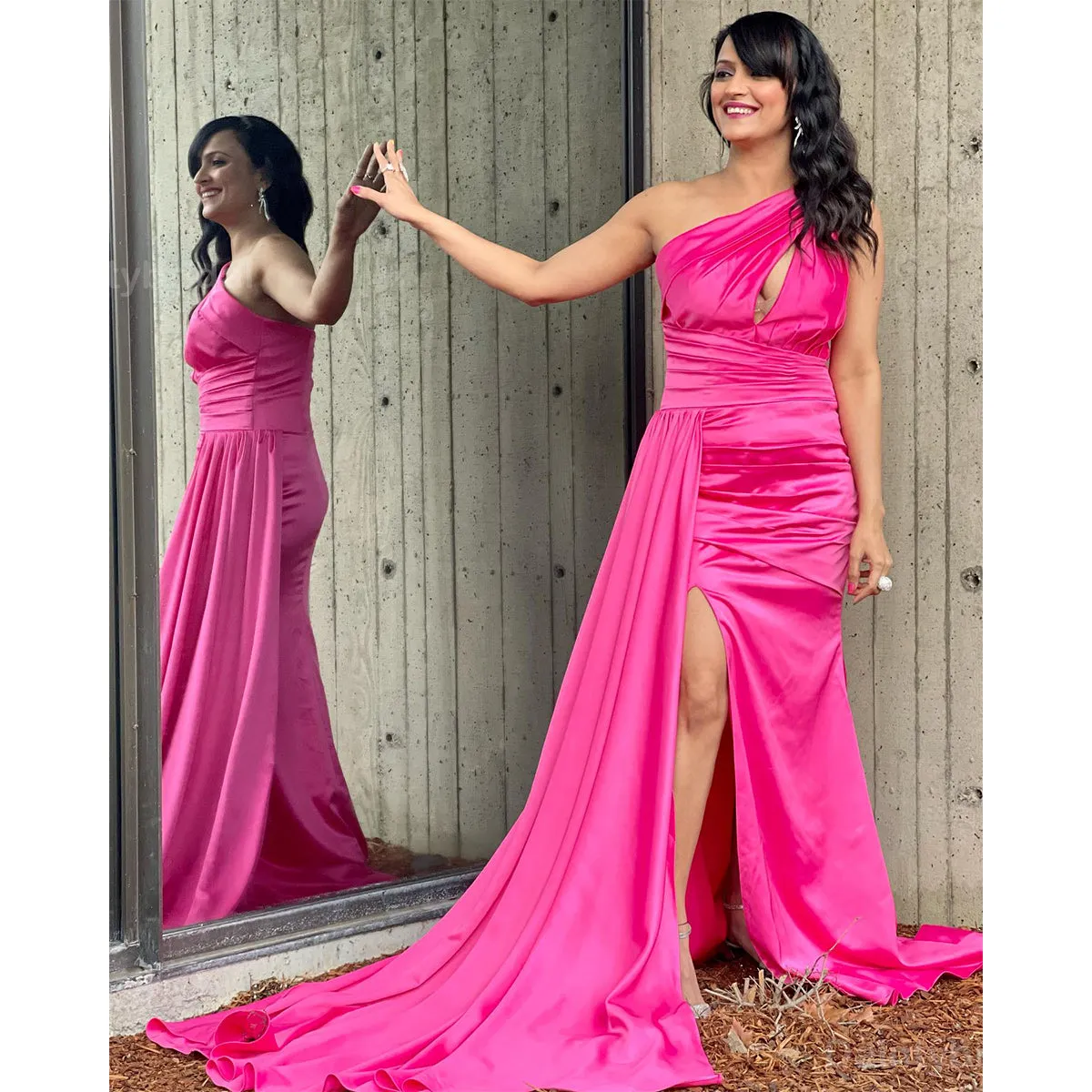 One Shoulder Mermaid Satin Fuchsia Bridesmaid Dresses Online from BG770