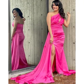 One Shoulder Mermaid Satin Fuchsia Bridesmaid Dresses Online from BG770