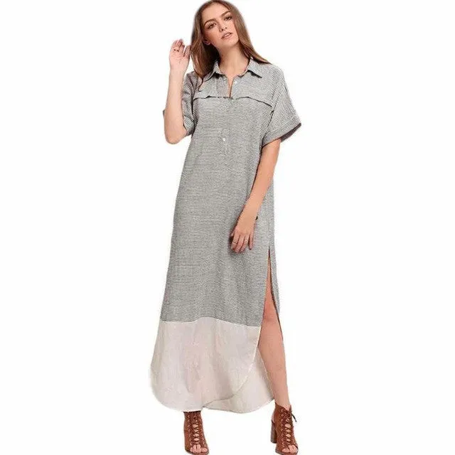 European Trendy Women's Dresses Long Short Sleeveless Stripe Splice Lapel Ladies Beach Sundress Shirt Dress SM6