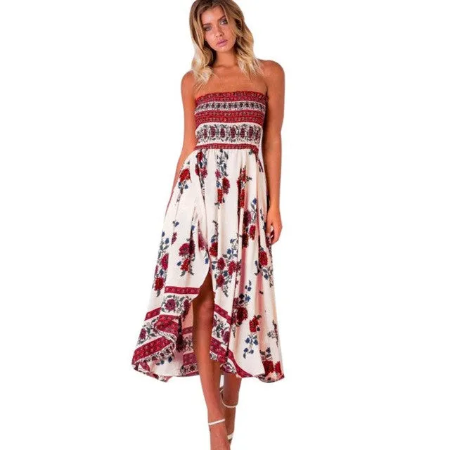 Fashion Bohemian Elegant Women's Floral Print Strapless Beach Dresses European Style Sexy Vestidos Mujer #63 SM6