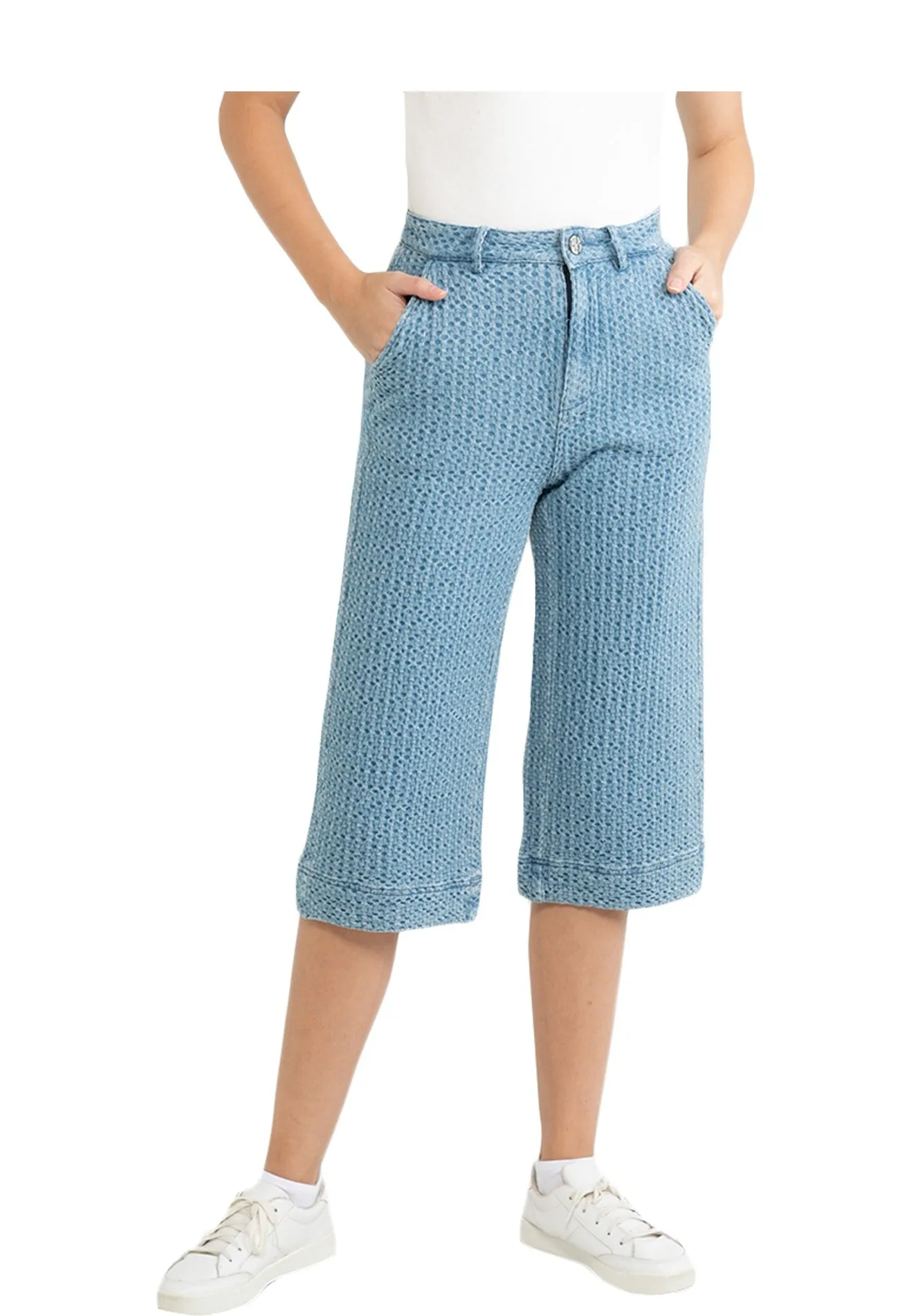 ELLE Apparel Textured Denim Crop Length Wide Leg Jeans