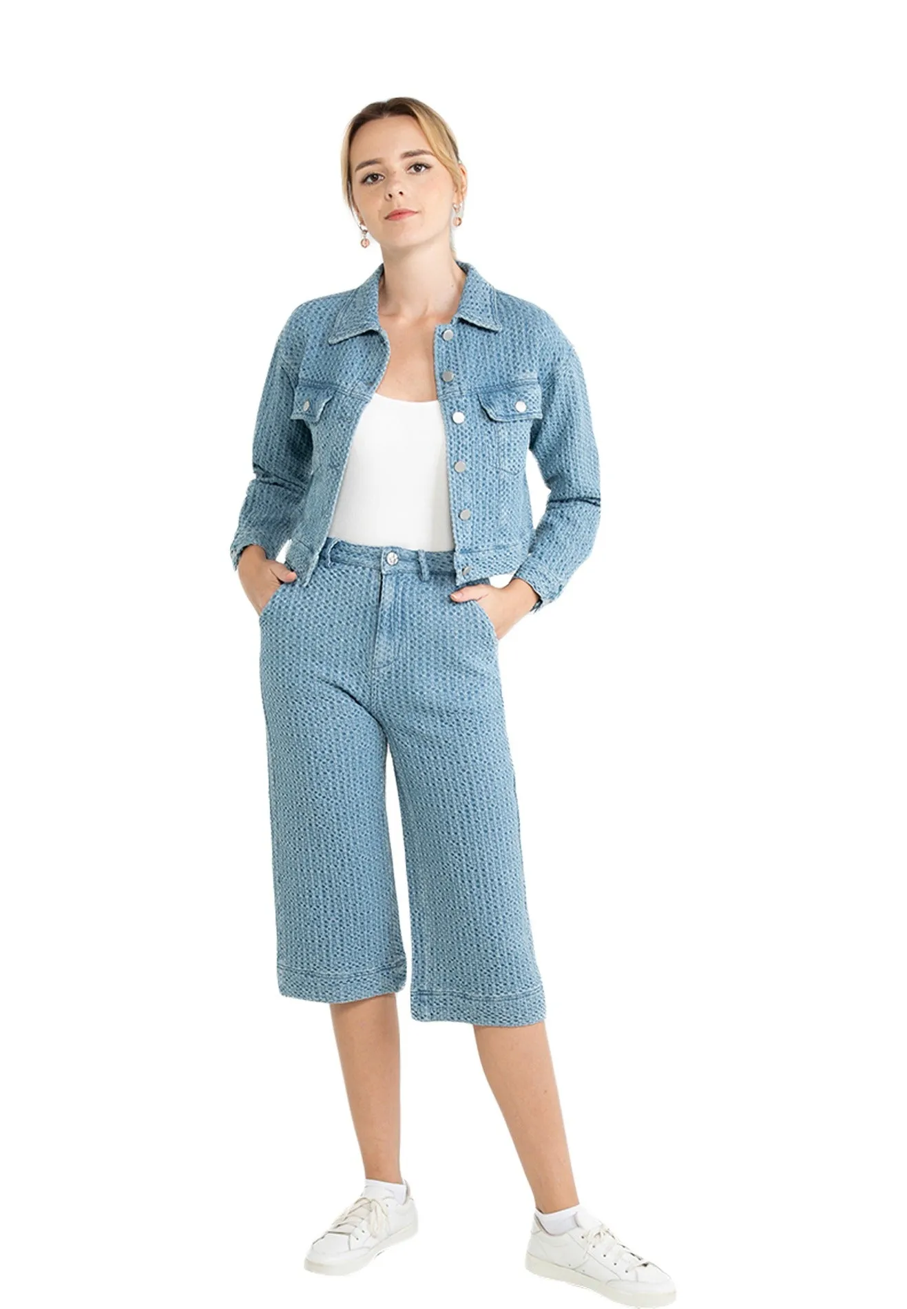 ELLE Apparel Textured Denim Crop Length Wide Leg Jeans