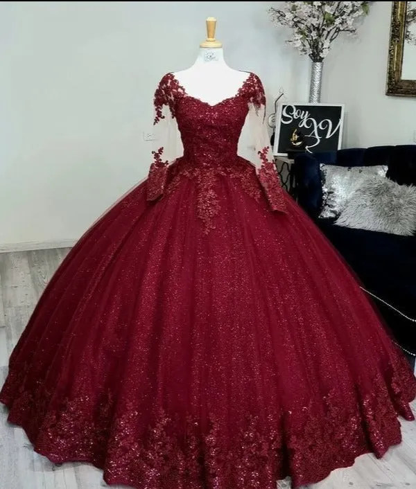 Glitter Long Sleeve Princess Wine Quinceanera Dresses Embellished Sweet 16 Dress