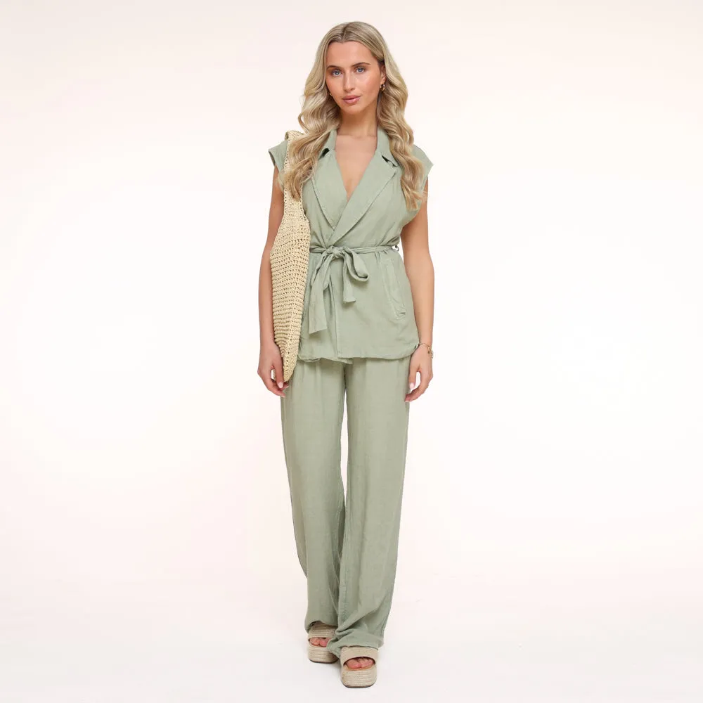 Army Green Linen Viscose Trousers