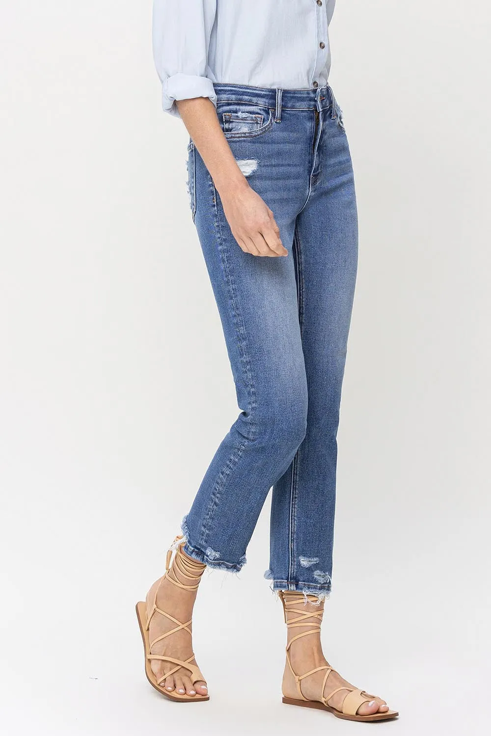 High Rise Raw Hem Straight Jeans