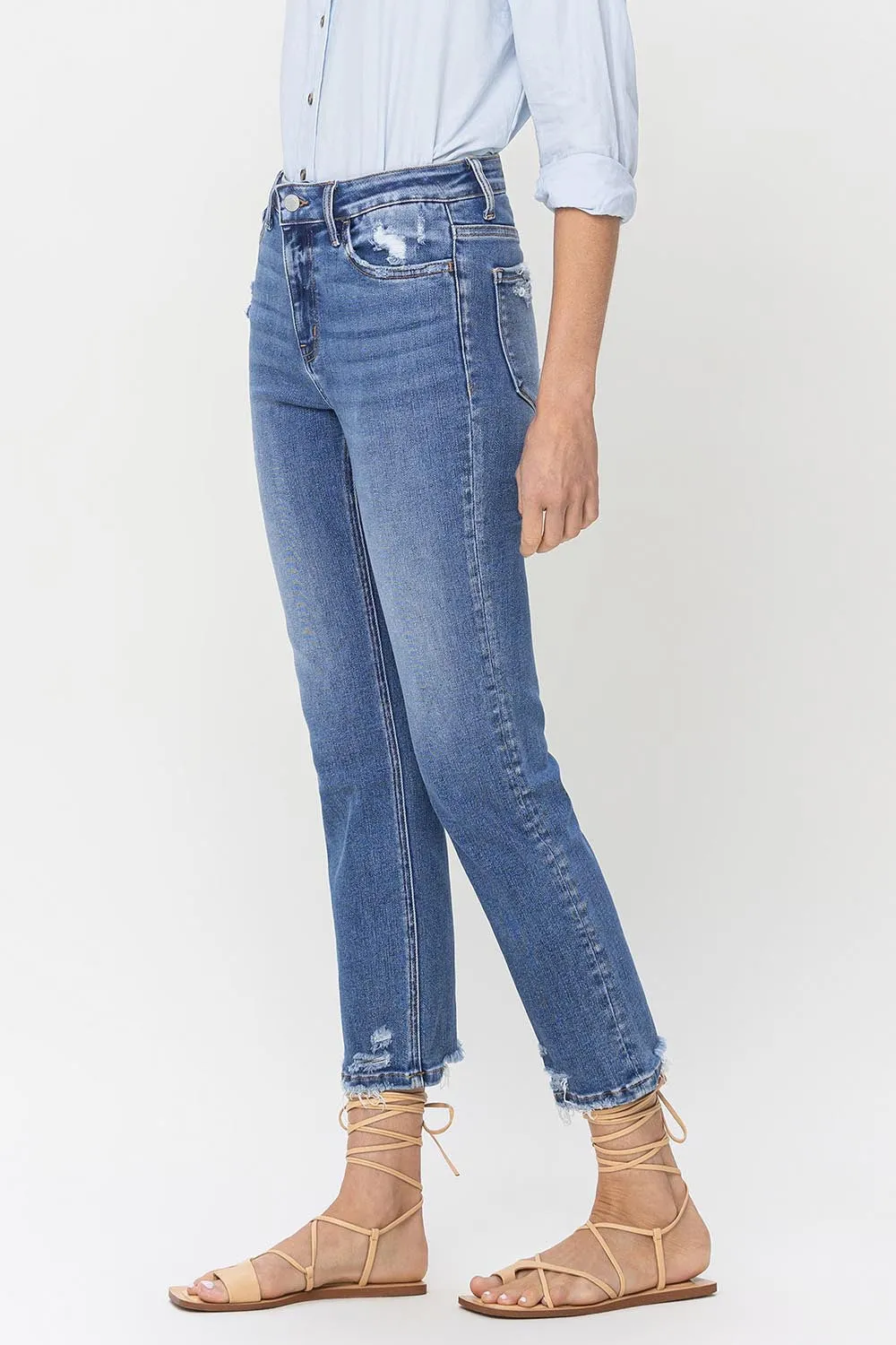 High Rise Raw Hem Straight Jeans