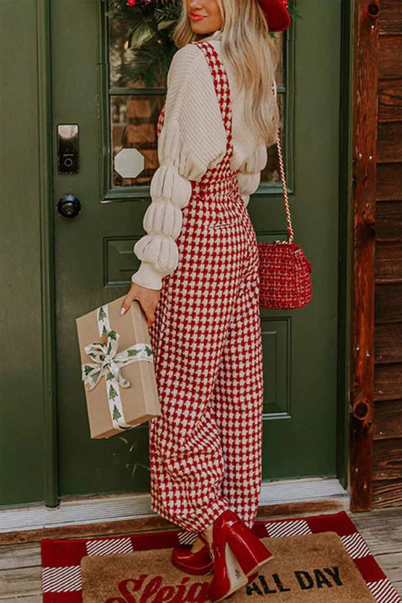 Houndstooth Sleeveless Jumpsuits with Wide Legs