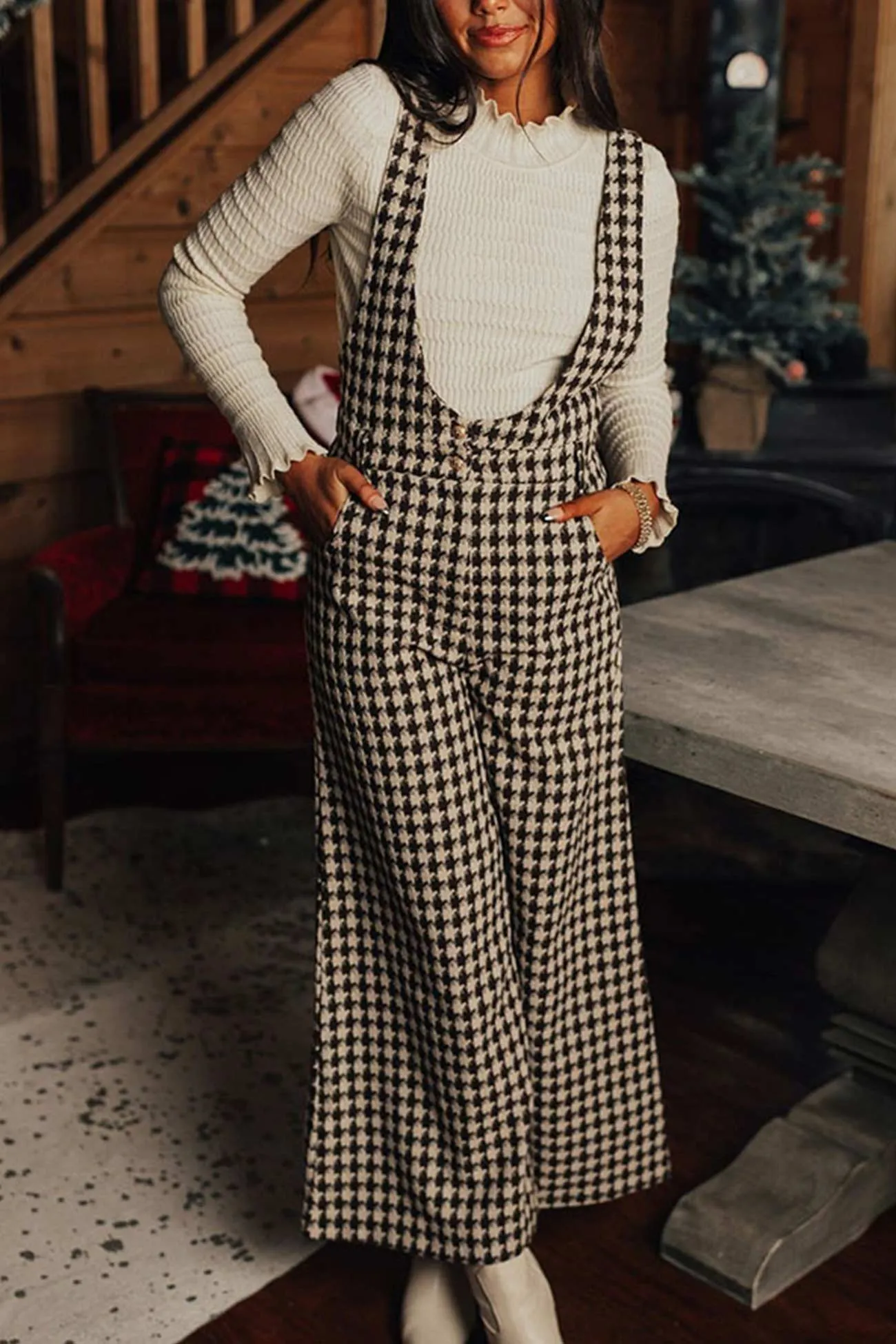 Houndstooth Sleeveless Jumpsuits with Wide Legs