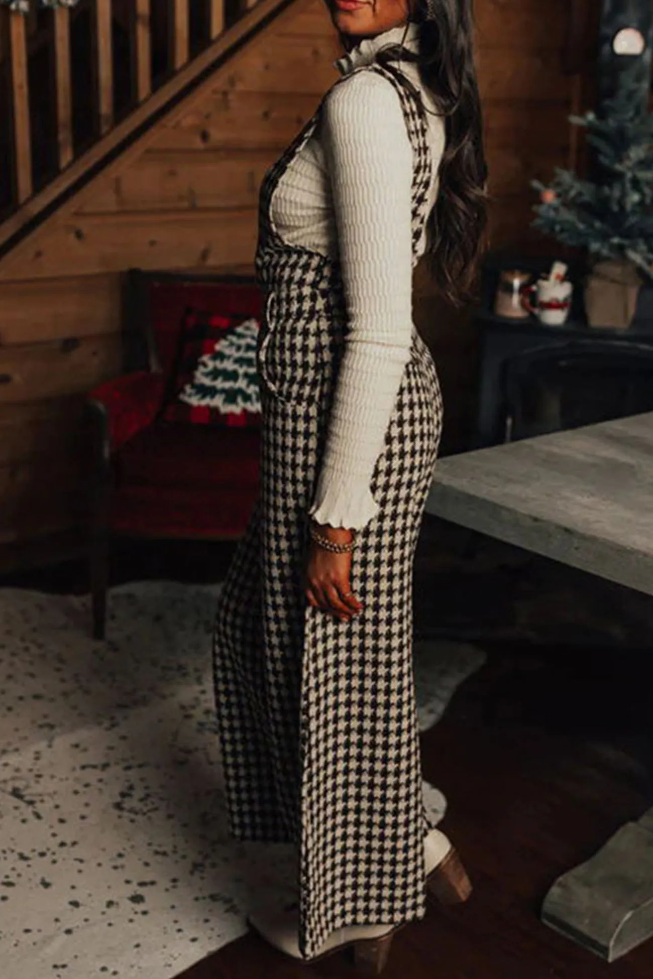 Houndstooth Sleeveless Jumpsuits with Wide Legs