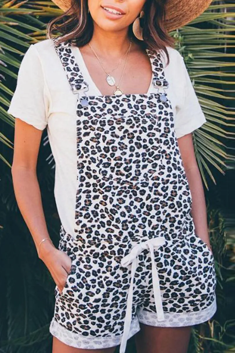 Leopard Patchwork Draw String Rompers in Casual Style