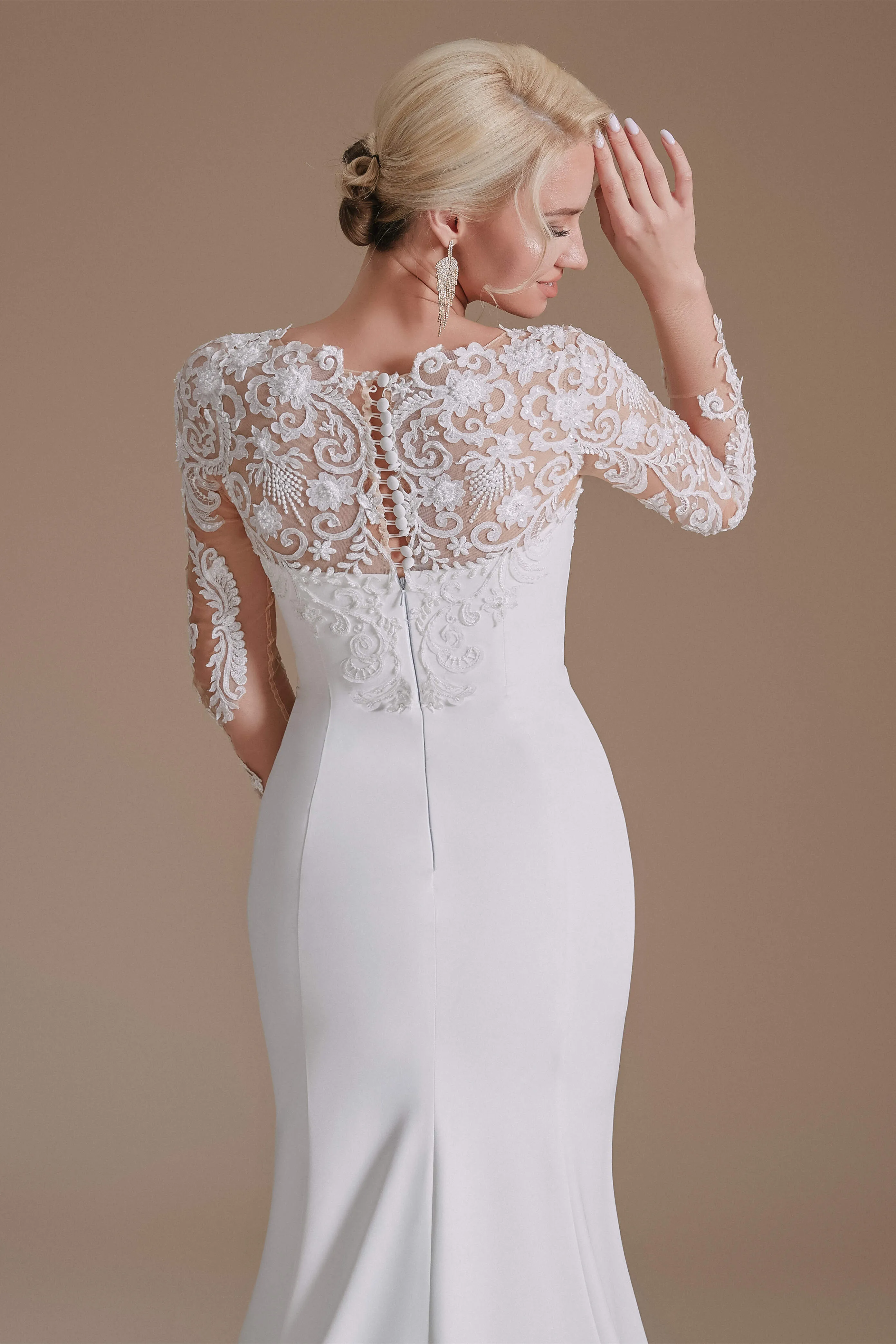 Long Sleeve Beaded French 3D Floral Lace Fishtail Elegant Bridal Dresses