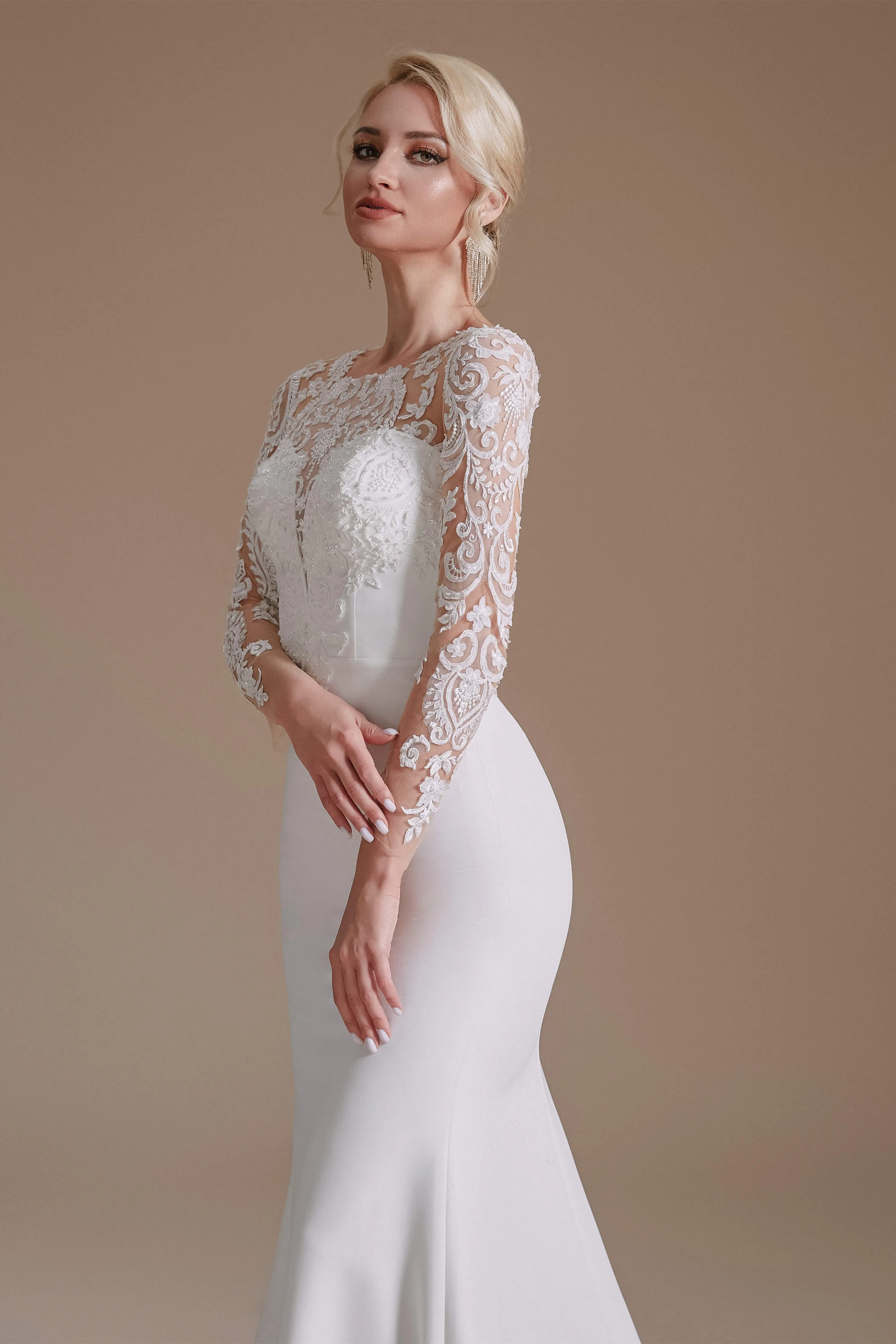 Long Sleeve Beaded French 3D Floral Lace Fishtail Elegant Bridal Dresses