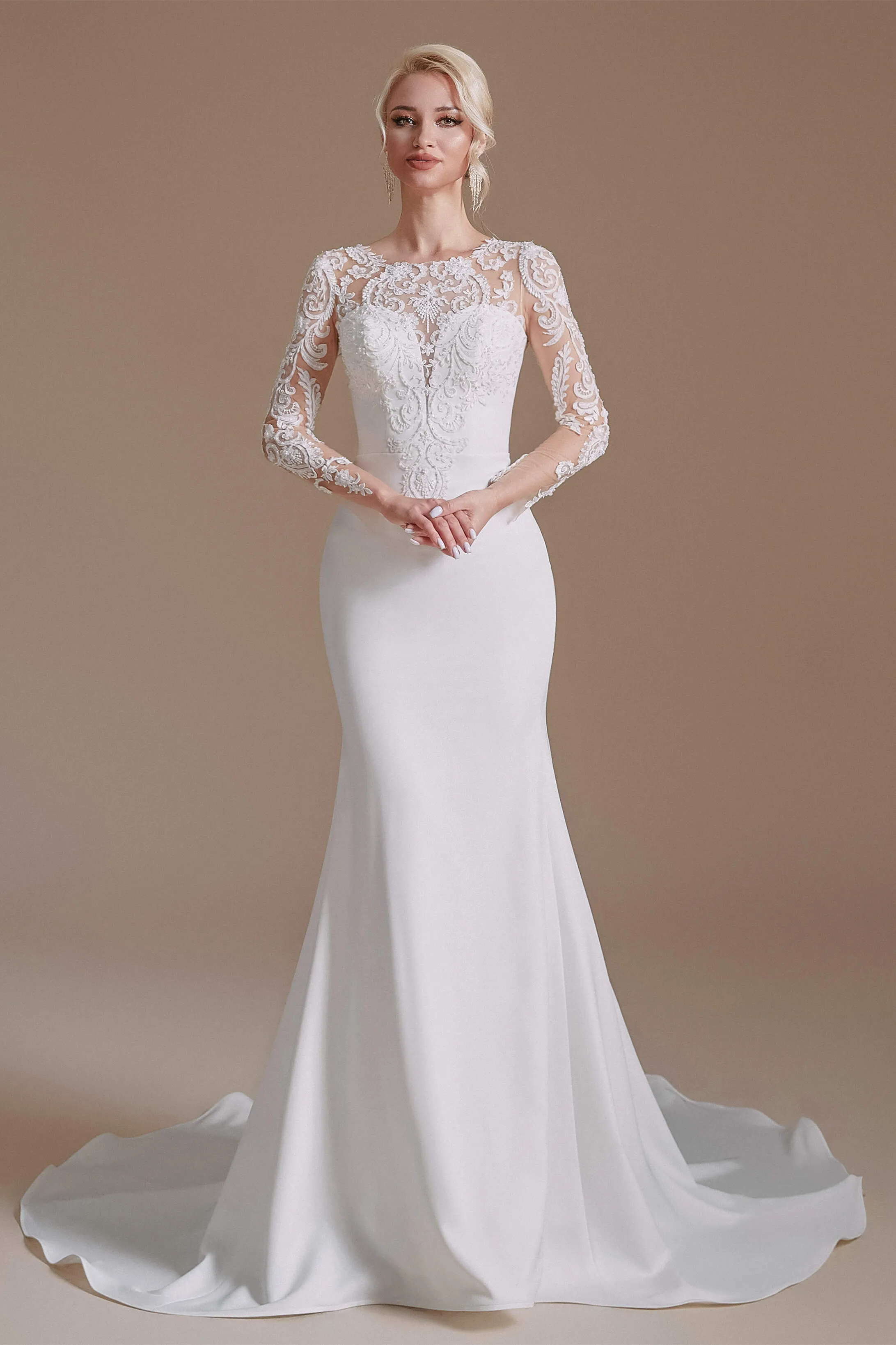 Long Sleeve Beaded French 3D Floral Lace Fishtail Elegant Bridal Dresses