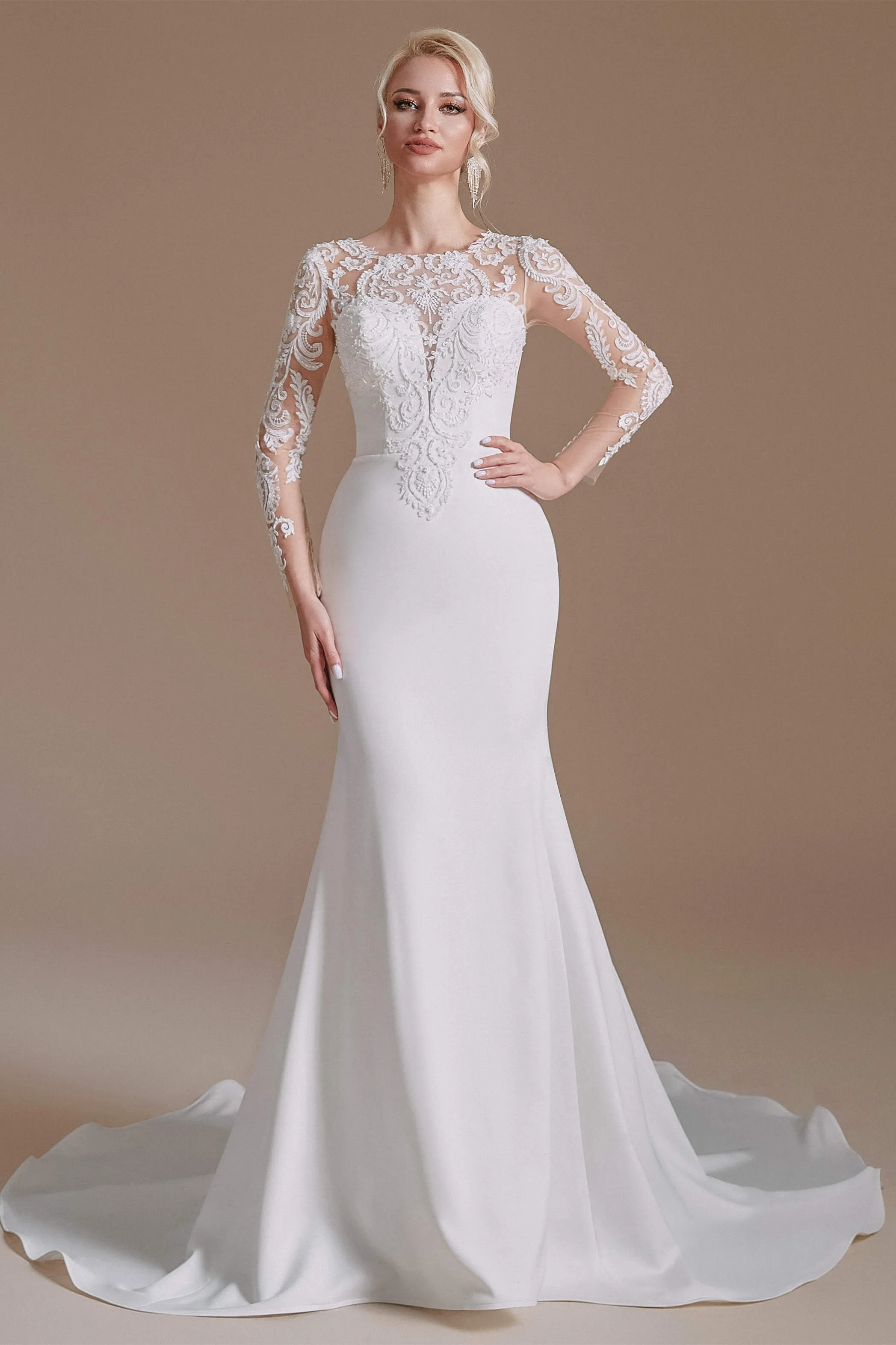 Long Sleeve Beaded French 3D Floral Lace Fishtail Elegant Bridal Dresses