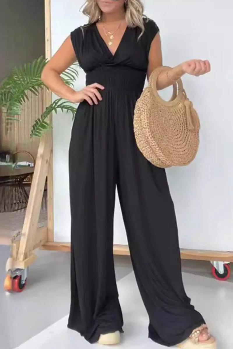 Loose-fit V Neck Solid Color Casual Jumpsuits