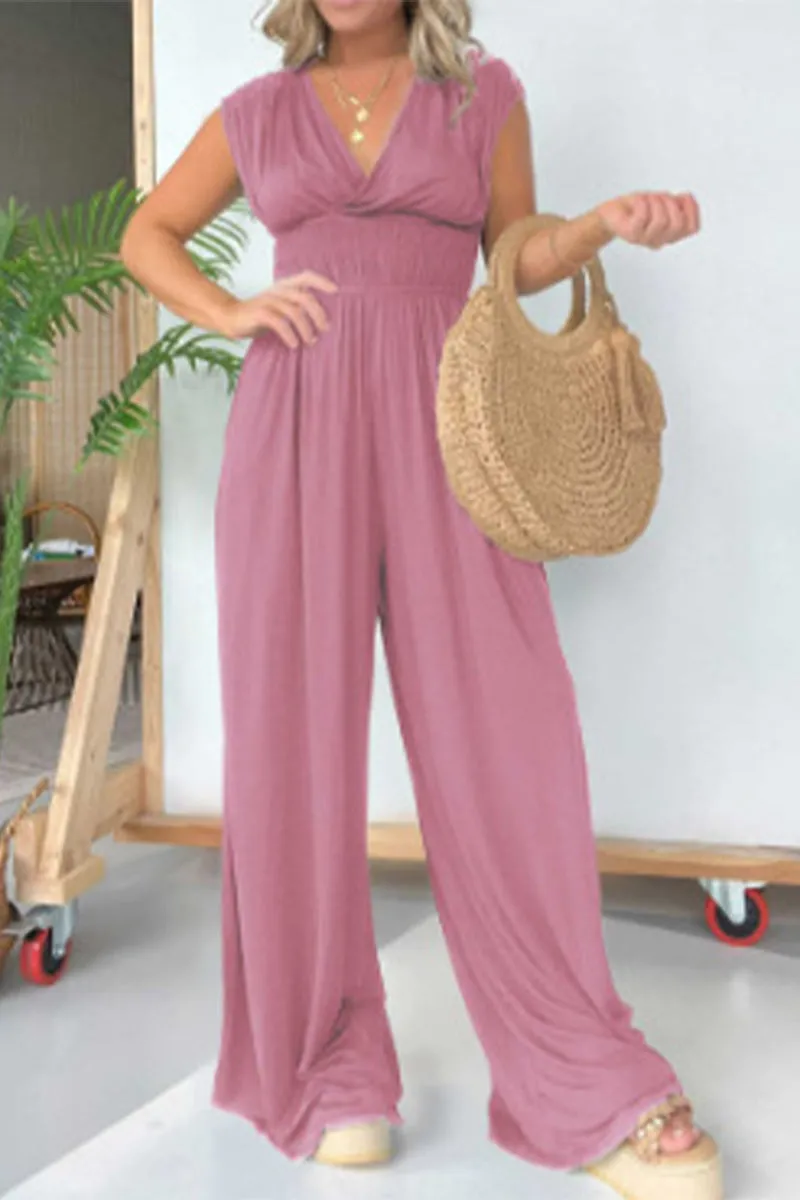 Loose-fit V Neck Solid Color Casual Jumpsuits