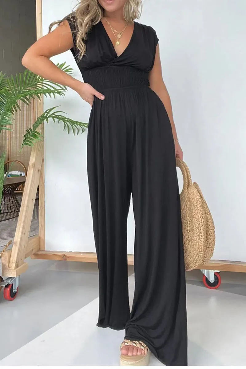 Loose-fit V Neck Solid Color Casual Jumpsuits