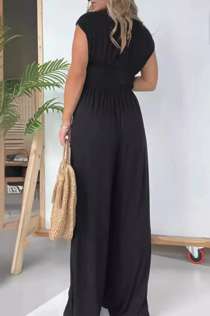 Loose-fit V Neck Solid Color Casual Jumpsuits