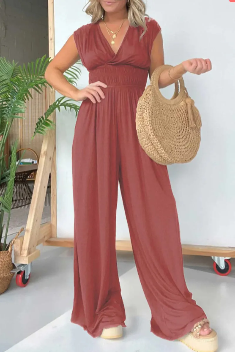 Loose-fit V Neck Solid Color Casual Jumpsuits