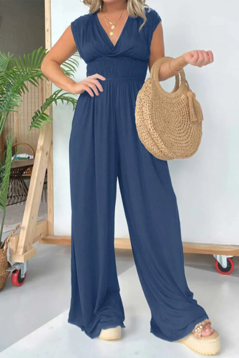 Loose-fit V Neck Solid Color Casual Jumpsuits