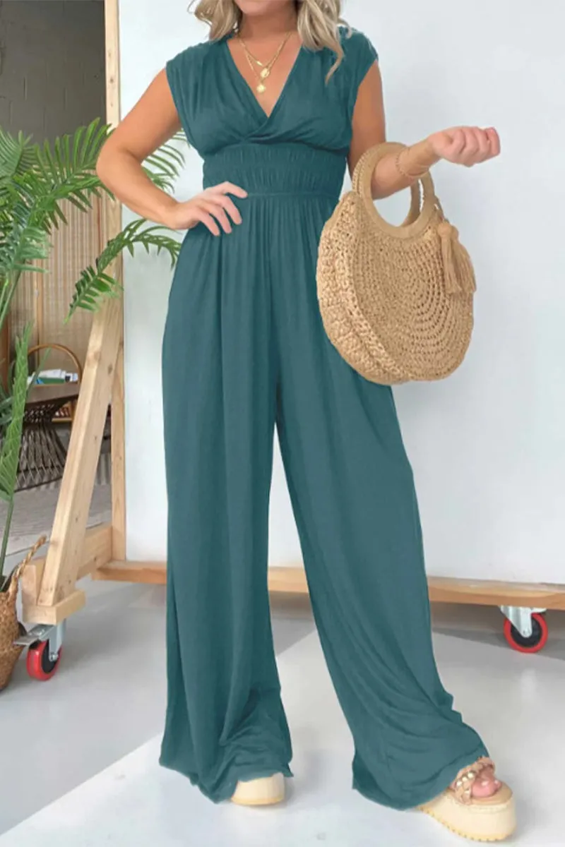 Loose-fit V Neck Solid Color Casual Jumpsuits