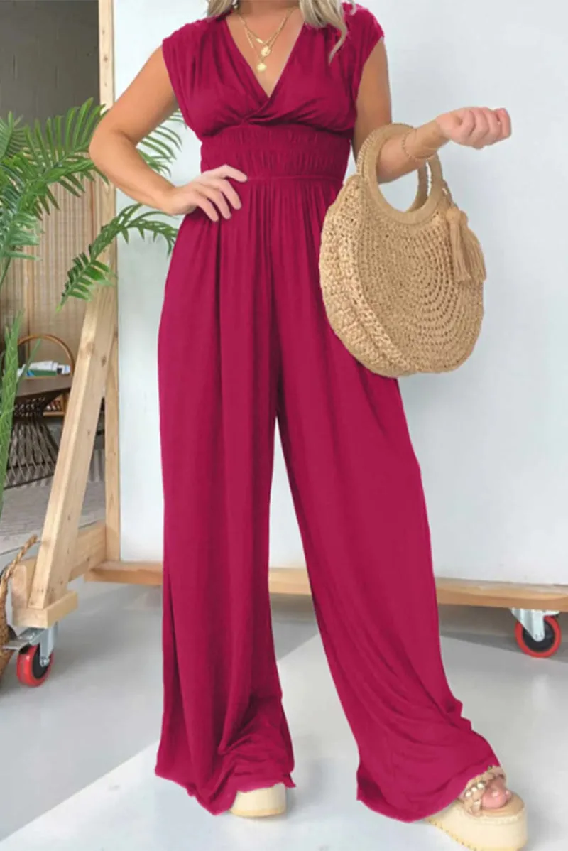 Loose-fit V Neck Solid Color Casual Jumpsuits