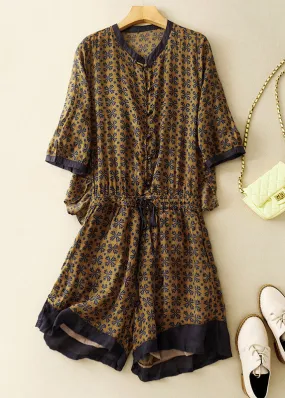 Yellow Print Drawstring Linen Summer Jumpsuits